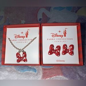 Disney Parks Collection jewelry set featuring Minnie Mouse red bow designs